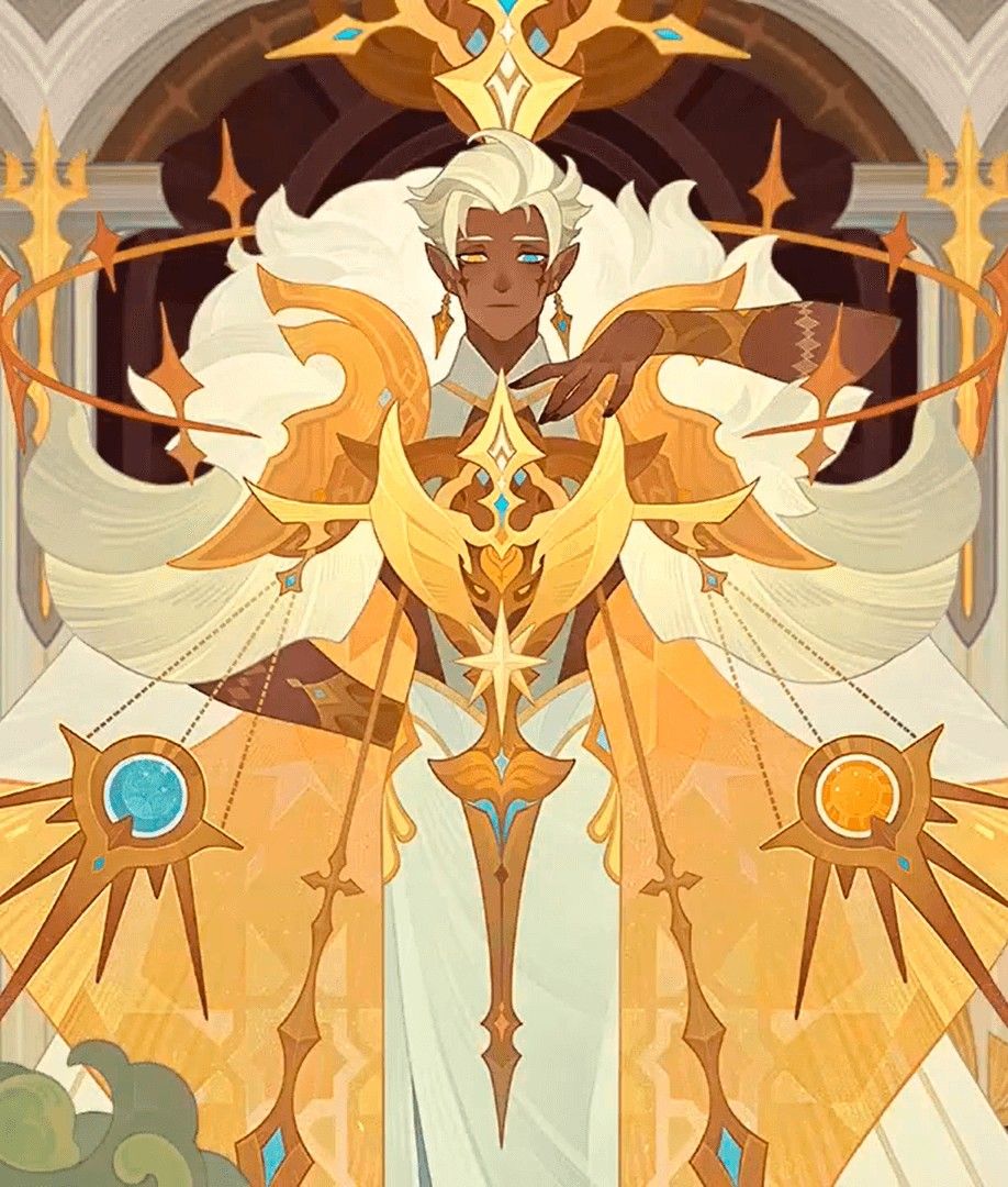 a single, androgynous figure with dark skin and white hair stands majestically in a grand hall. they are adorned in opulent, flowing white and gold robes, accented by celestial motifs of the sun, moon, and stars. a radiant halo of light surrounds their head, and large, winglike structures extend from their back, further emphasizing their divine presence. the environment suggests a sacred space, possibly a palace or temple, illuminated by an ethereal, otherworldly light. the overall impression is one of power, divinity, and celestial grace.