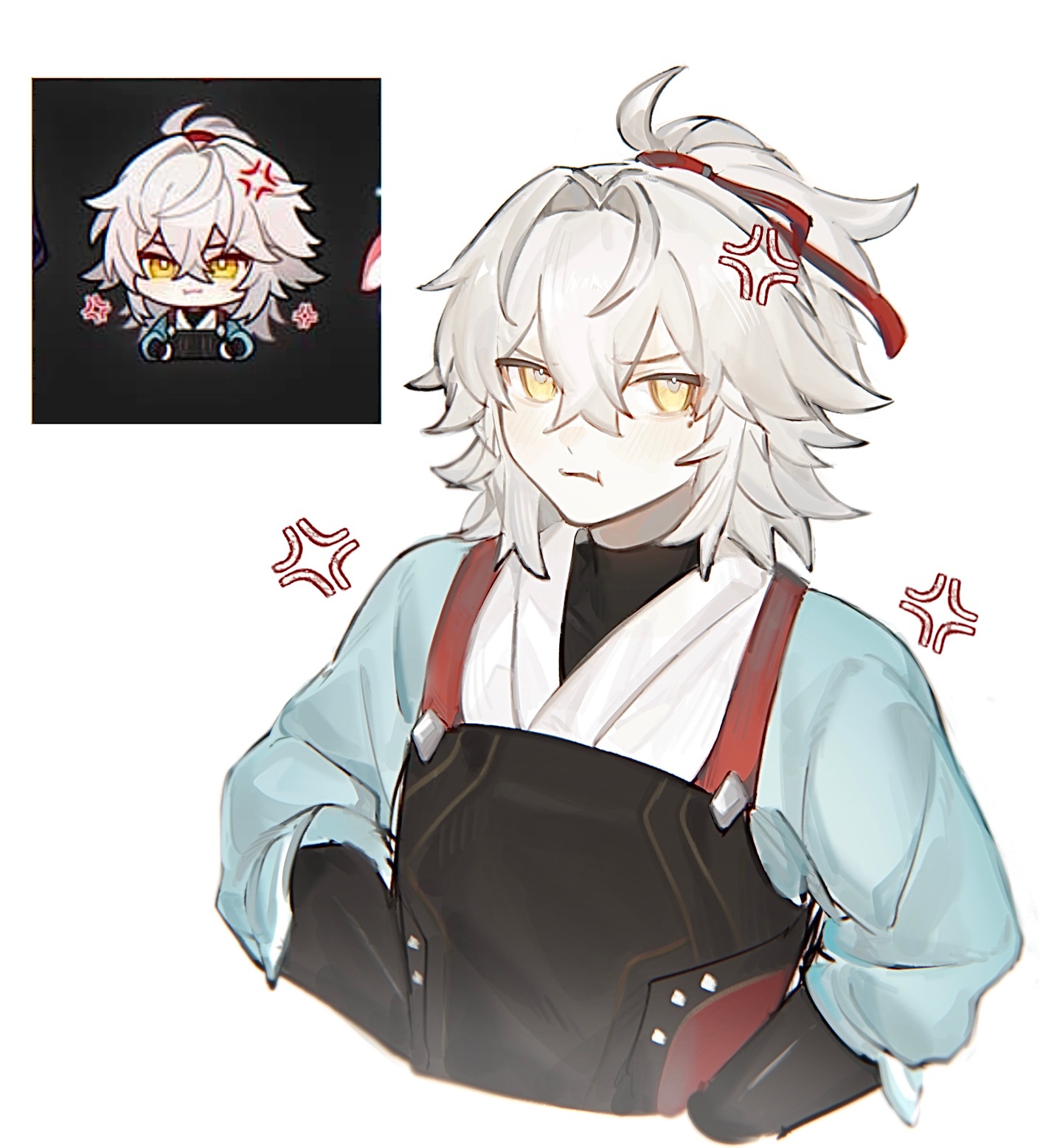 this is a digital illustration of an anime girl with white hair and red eyes. she is wearing a black and white outfit and is looking angry. the girl is drawn in a chibi style. there are angry cartoon icons in the background. she looks like she is ready to take on any challenge!