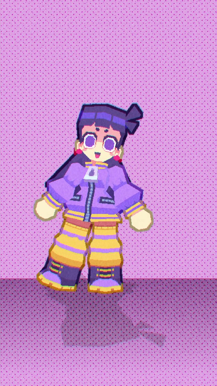 a pixel art 3d model of a girl with black hair and purple eyes wearing a purple jacket, yellow pants, and black boots standing on a purple floor against a purple dotted wall. she has a playful and energetic pose. the overall aesthetic is inspired by video game graphics and chibi art style.