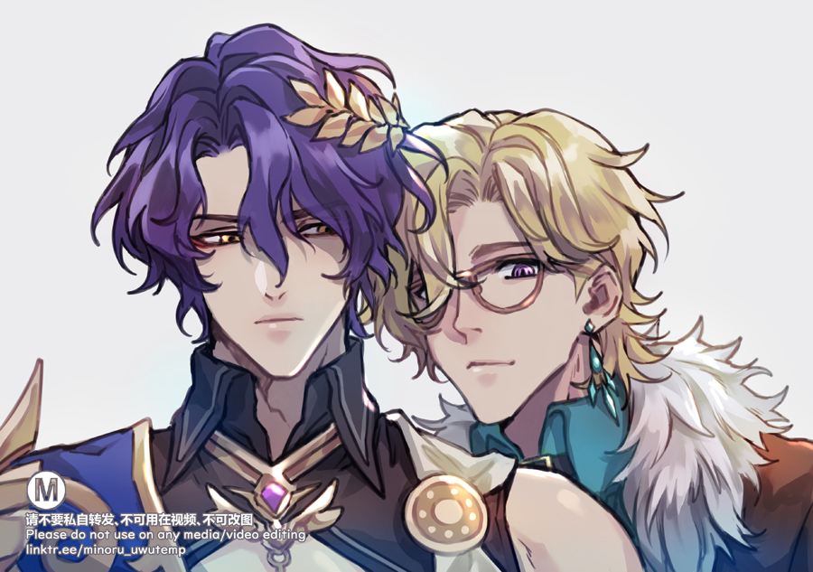 the illustration is a digital drawing of two young men, one with purple hair and gold leaf headband and another with blond hair. the man with purple hair is on the left side of the image and the man with blond hair is on the right side. they are both looking at the viewer and appear to be in a romantic relationship. the man with purple hair appears to be wearing an ornate golden necklace and a navy blue shirt. he is wearing a large white collar and a pair of gold and blue arm bands. the man with blond hair is wearing a teal blue shirt and a white fur coat. he is wearing a large golden pin on his chest and earrings. he appears to be wearing glasses with gold frames. the image is a closeup shot and features a soft color palette. the style of the illustration is cute and aesthetically pleasing.
