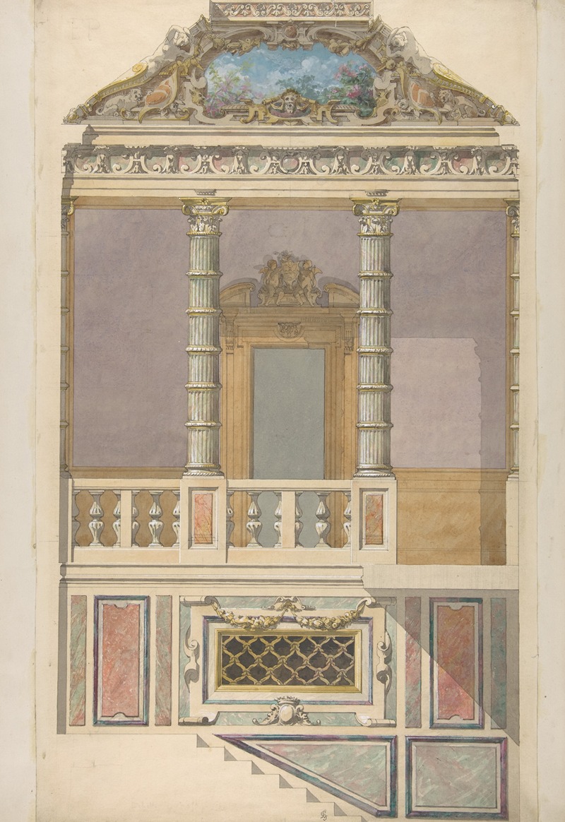 this is an architectural drawing, likely a watercolor rendering, depicting an elevation of an elaborate interior architectural design. the design features a balustrade supported by columns, behind which is a large opening framed by pilasters. above the balustrade, there is a section of wall with paneling, including a decorative lattice window. below the balustrade, a staircase is visible. the design is heavily ornamented with classical and baroque elements such as cornices, friezes, and decorative details. the top of the drawing shows a painted mural.