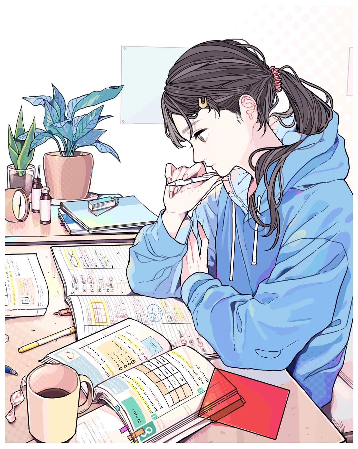 an animestyle illustration shows a young woman studying at a desk. she is wearing a light blue hoodie and has her hair pulled back in a ponytail. her desk is cluttered with books, notes, a cup of coffee, a plant, and other items. she is holding a pen to her mouth, deep in thought. a whiteboard is visible in the background.