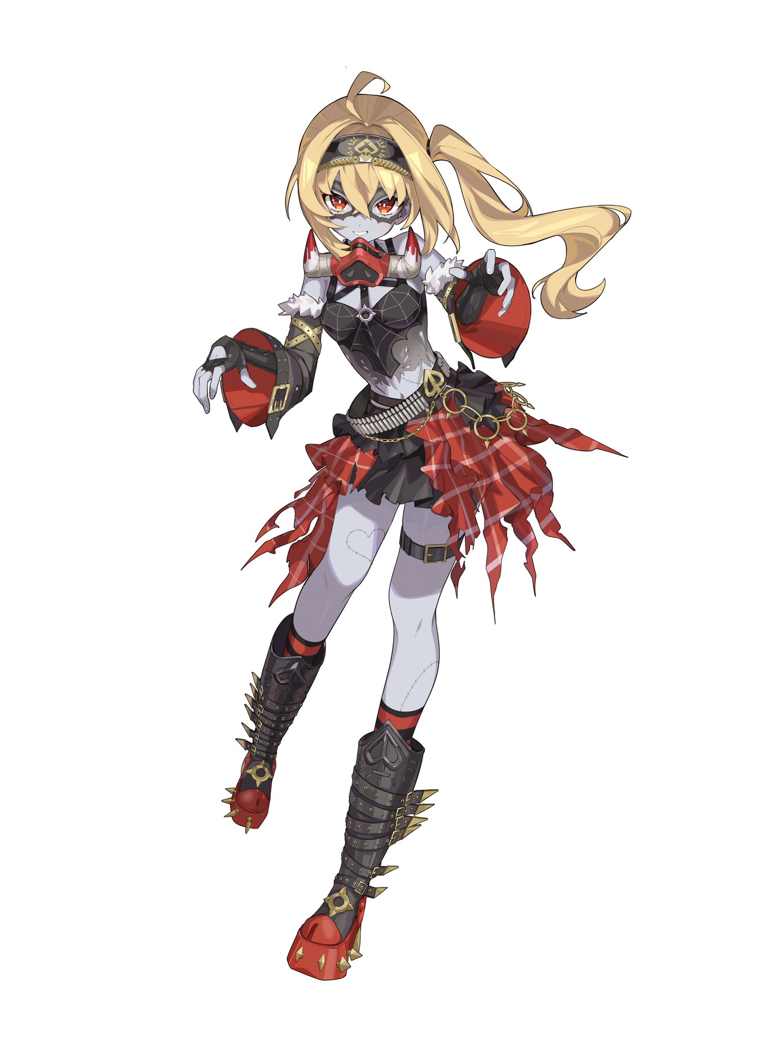 the image is a digital illustration of a female anime or mangastyle zombie character.  she has pale gray skin, blonde hair styled in a high ponytail, and is wearing a punkinspired outfit. this outfit consists of a black corsetlike top, a ripped red and black plaid skirt, black stockings, and high, studded boots. the character has red accents on her gloves and a masklike covering over her lower face. her expression is aggressive, and she appears to be in a dynamic pose suggesting movement or combat. the style is reminiscent of character designs found in video games or other fantasy media. the background is pure white, focusing all attention on the character.