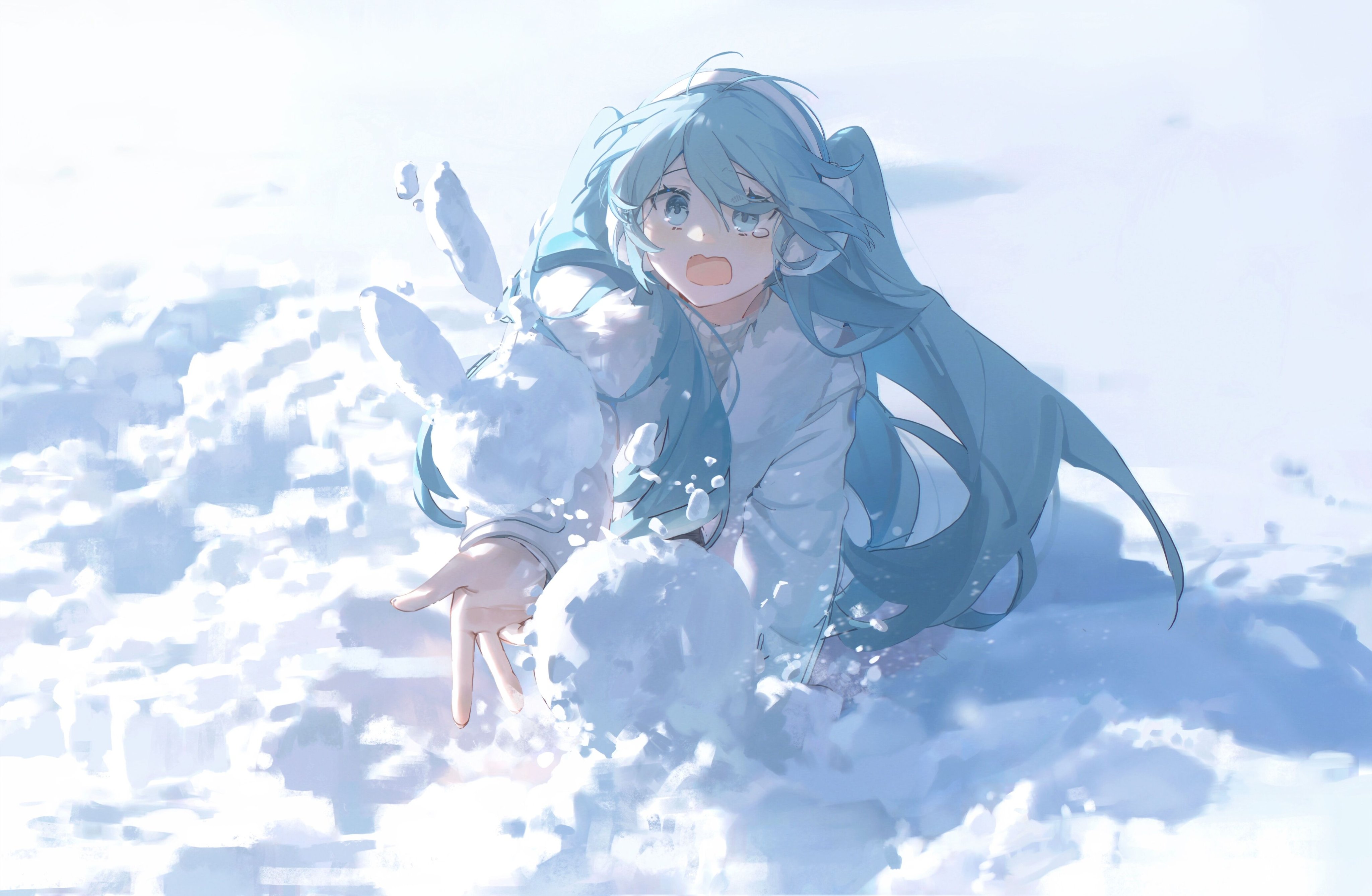 an animestyle illustration of a girl with long, light blue hair and blue eyes, set in a snowy landscape. she's wearing white clothing and appears worried or distressed, with her mouth open slightly. she's reaching out with her hand, and a snowman is beside her. the scene is mostly white and light blue, depicting a winter setting.