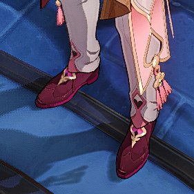 a close up of the feet of a character from the anime game genshin impact. the character is wearing a pair of red shoes with gold trim, white pants with pink and white decorative trim, and a pink belt. the character is standing on a blue and black floor.