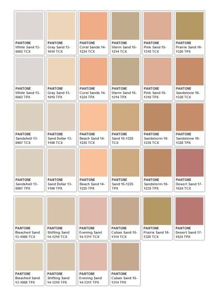the image shows a collection of pantone color swatches in various shades of sand. each swatch has a pantone name and code (tcx or tpx). the colors range from light (white sand) to darker (desert sand). the swatches are arranged in rows and columns.