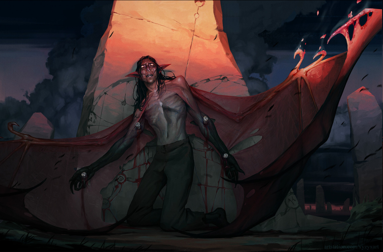 a winged humanoid, resembling a vampire or demon, kneels in a graveyard. its wings are tattered and one is on fire. its body is scarred and emaciated, with bones visible. the scene is lit with a warm, dramatic light, possibly from a setting or rising sun.  the overall atmosphere is dark and gothic.