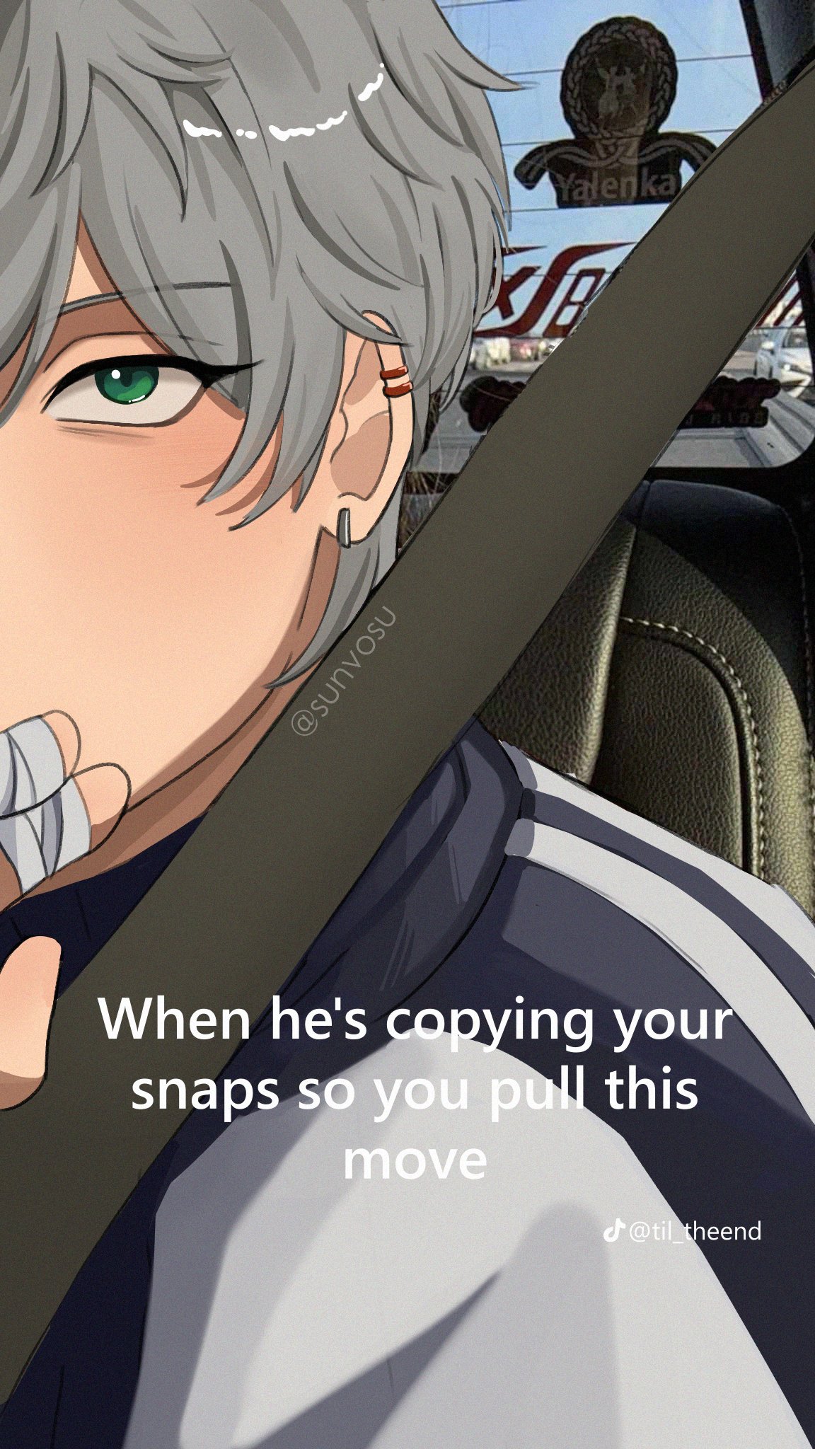 an image featuring an anime character wearing a seatbelt in a car. the character has silver hair, green eyes, and bandages on their fingers. the image also contains text overlay, a sticker on the rearview mirror, and shows details of the car's interior.