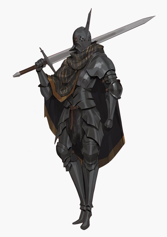 a lone knight stands against a white background, his polished black armor gleaming. he holds a long sword across his shoulders, its tip extending past his right side. a dark patterned scarf is draped around his neck and shoulders, its gold trim adding a touch of regality. the helmet completely obscures his face, adding to the air of mystery and power.  the overall impression is one of strength, discipline, and a hint of somberness.