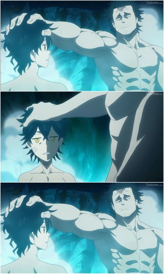 this image is from the popular anime series "black clover." it features the main characters, asta and yuno, in a bathhouse. asta, the young character with black hair, is relaxing while yuno, the muscular character with blonde hair, is looking at him. they are surrounded by steam and water, and the image is set in a hot spring. the image is a good representation of the characters' training and their bond with each other.