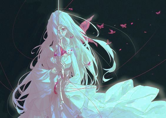 the image showcases a girl with long flowing white hair, clad in a white dress, standing against a dark backdrop. she holds a sword in her hand, its point directed downwards. delicate, redhued butterflies flutter around her, enhancing the ethereal and mystical aura of the artwork. the lighting is soft, casting gentle highlights on her hair and dress, further emphasizing the dreamlike quality of the scene.