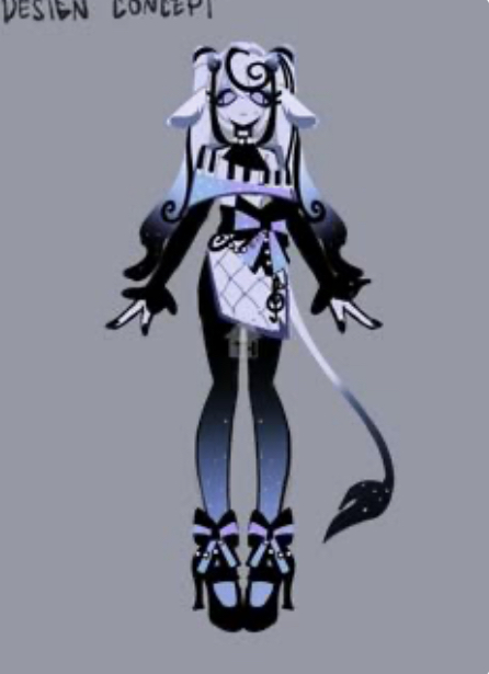 a full body drawing of a cartoon character with a white and black sheep or goat head and long black tail. she is wearing a black dress, purple belt, and a white apron. her tights have a star pattern and she is wearing black shoes with white and purple bows.
