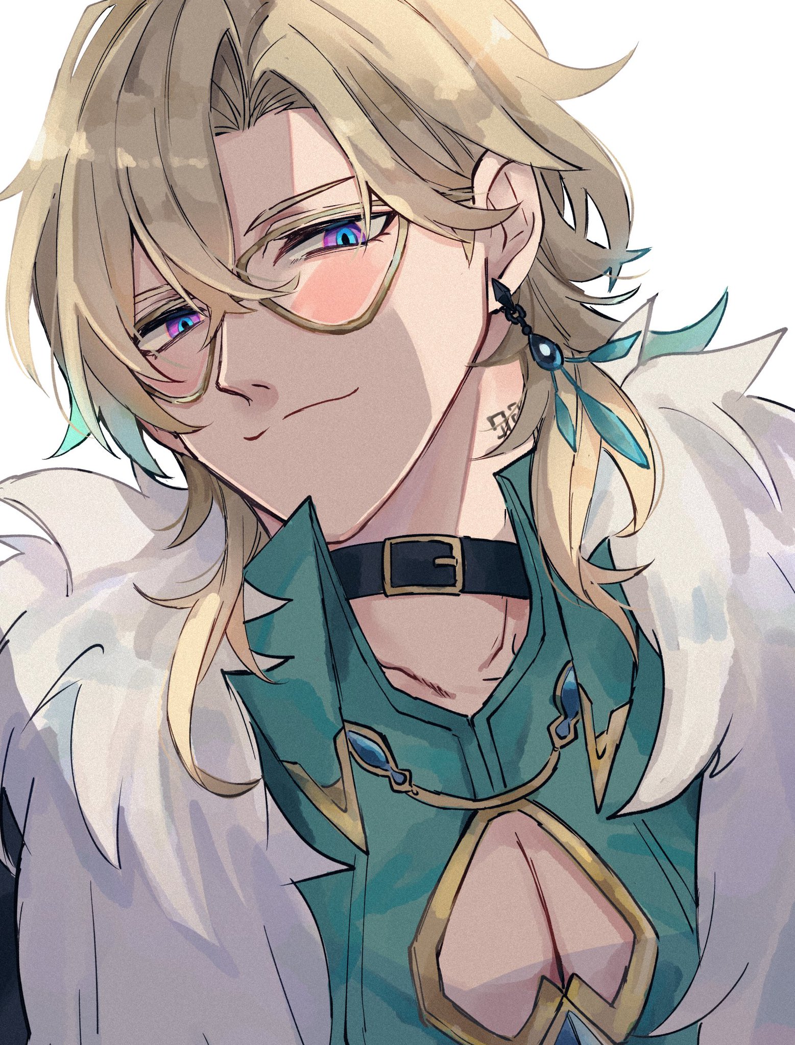 a closeup portrait of a young anime character. he has long blonde hair with streaks of light blue and purple. he is wearing a green jacket with white fur on the collar, a black choker with a silver buckle, and an earring in his left ear. he has blue eyes and is wearing round goldrimmed glasses with a hint of purple in the lenses. he is looking at the viewer with a gentle smile.