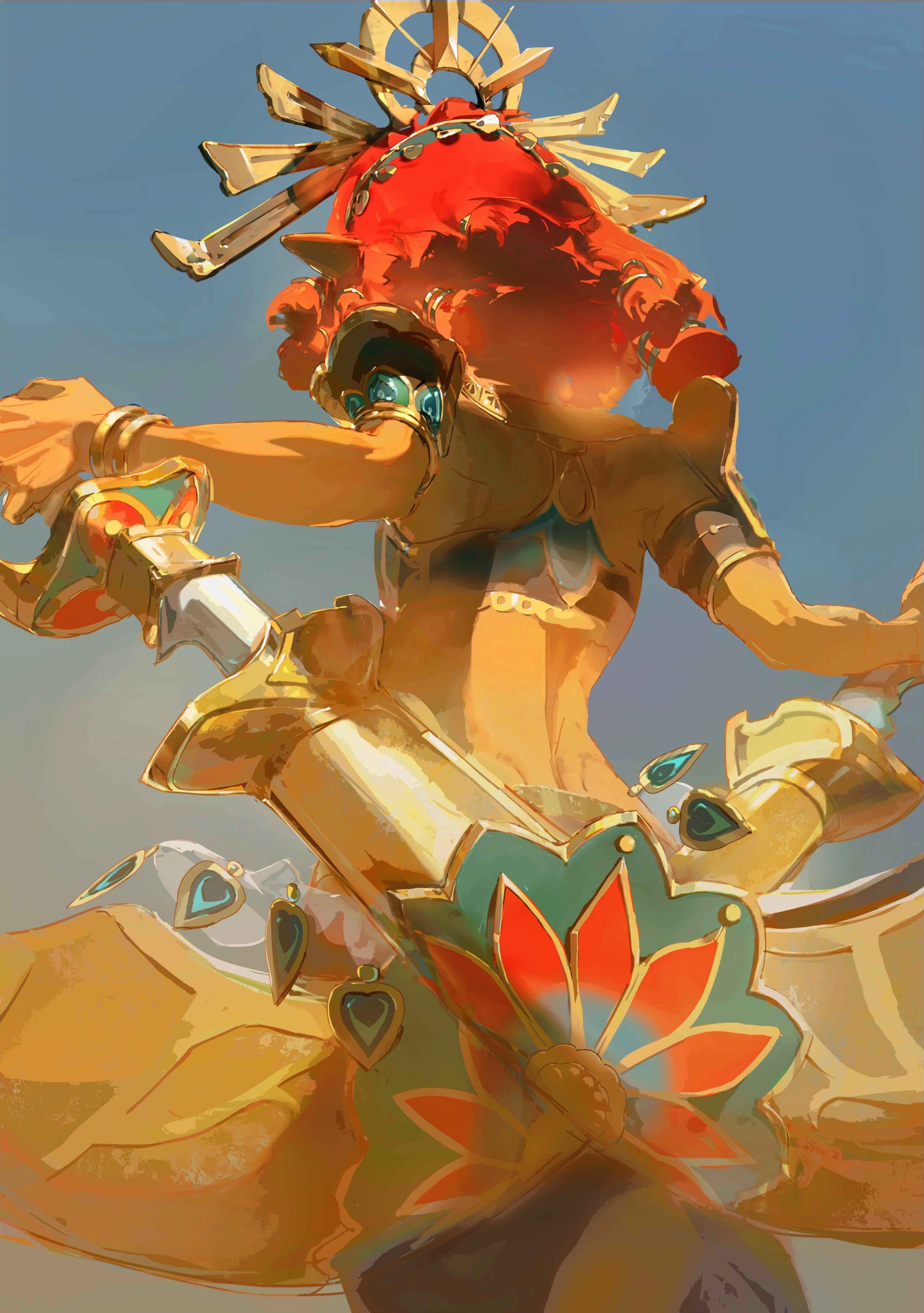 a female warrior with red hair and golden armor is wielding a golden sword.  she is facing away from the camera and the background is a blue sky.  the art is beautifully done and the colors are vibrant.