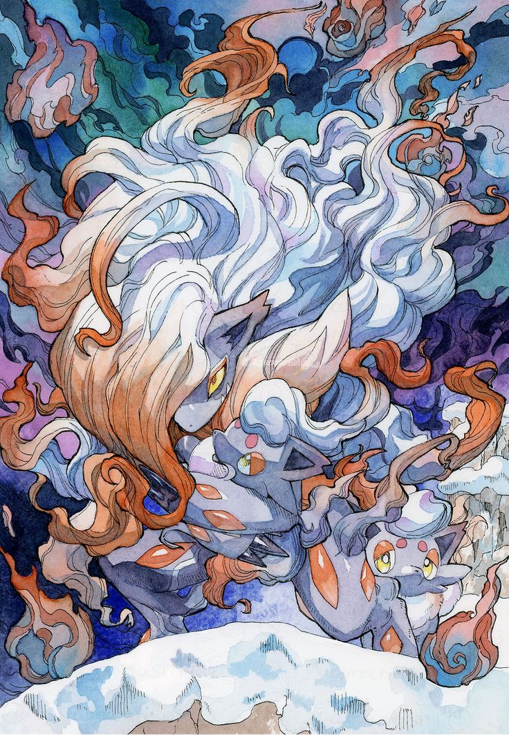 a stunning watercolor painting depicts three pokémon: an alolan ninetales and two vulpix. the alolan ninetales is central, its long, flowing white and orange hair swirling around it like smoke or clouds. the two vulpix are nestled against it, smaller and also featuring orange and white fur. the background is a swirling mix of blues, purples, and oranges, suggesting a wintry, magical atmosphere.  the overall style is elegant and ethereal, with the pokémon appearing majestic and graceful. the scene is set against a snowy landscape at the bottom of the image. the style is distinctly artistic and illustrative, rather than photorealistic.
