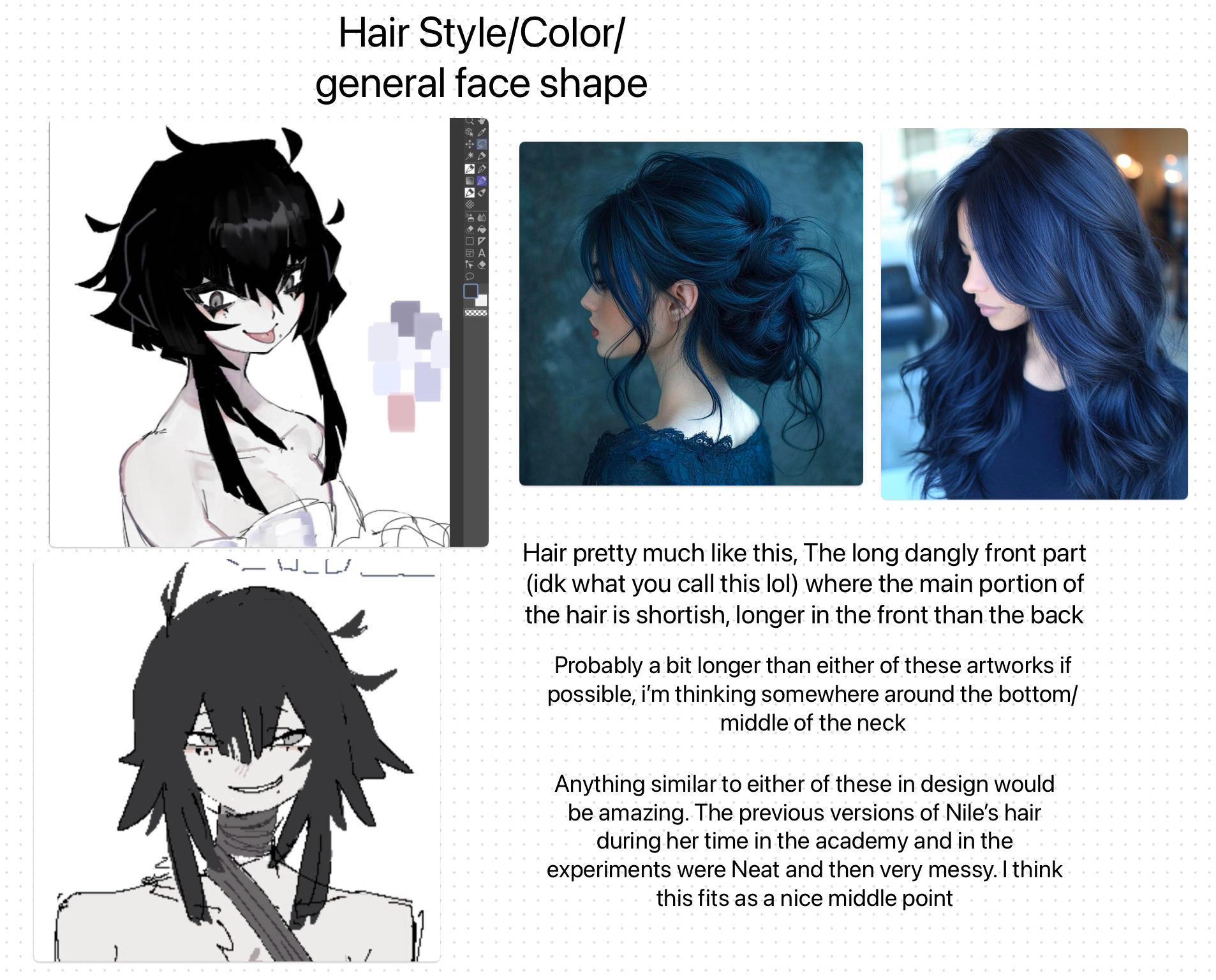 the image is a reference sheet for a character's hair style and color. it shows various images of different hairstyles with a general face shape and color palette. there are notes describing the desired hair length, texture, and style in comparison to the artwork shown. the text mentions wanting a combination of neat and messy elements, fitting a "middle point" between previous versions of the character's hair.