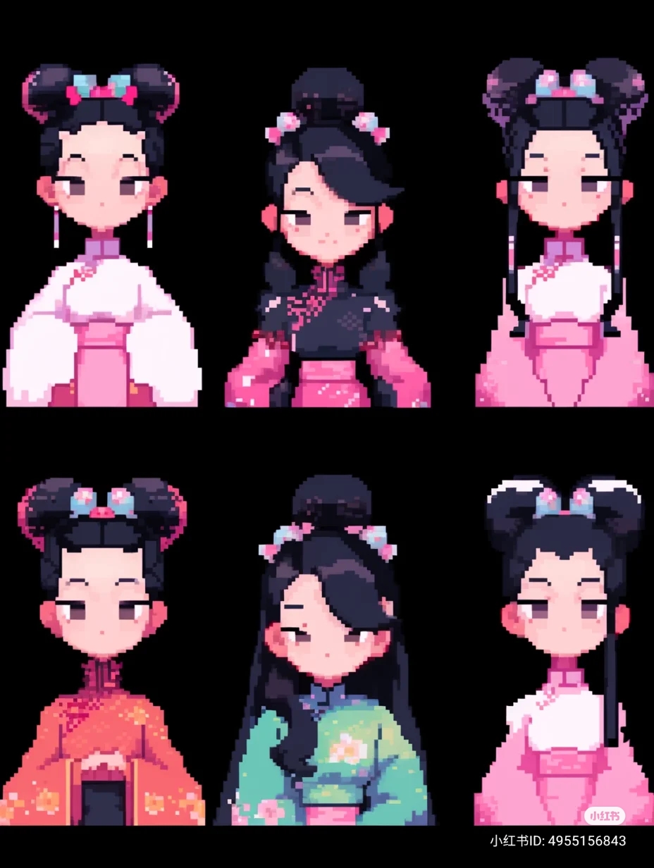 the image showcases six variations of a pixel art character design featuring a young girl with black hair styled in double buns adorned with pink and blue hairpins. she is depicted wearing different outfits, all inspired by traditional chinese clothing (hanfu) in a charming chibi style. the color palette emphasizes soft pinks, greens, and reds, contributing to the overall cute and appealing aesthetic.