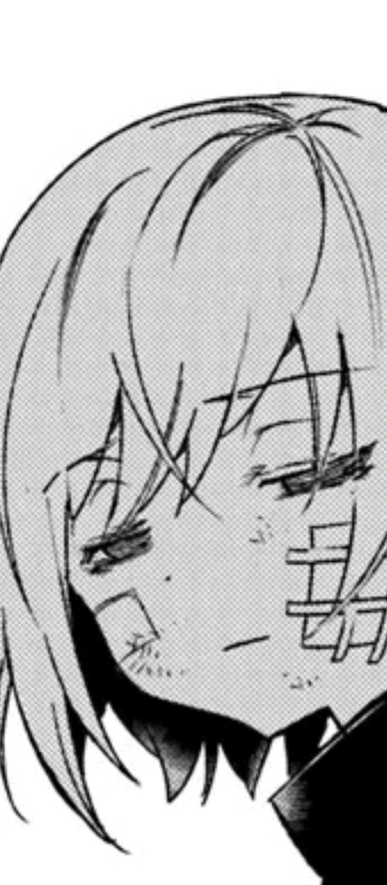 a close up, black and white image of a male character from a manga. he has short hair, closed eyes, bandages on his face, and he looks sad.