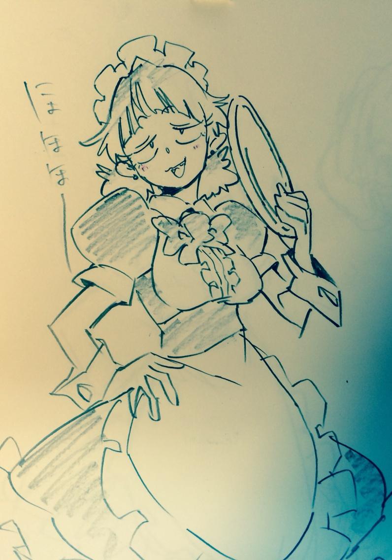 the image is a playful sketch of a maid character. she's drawn in a manga style with exaggerated features and a mischievous expression. she's holding a serving tray and appears to be leaning back slightly, adding to the playful nature of the drawing.  the image is primarily done in black and white with hints of blue.