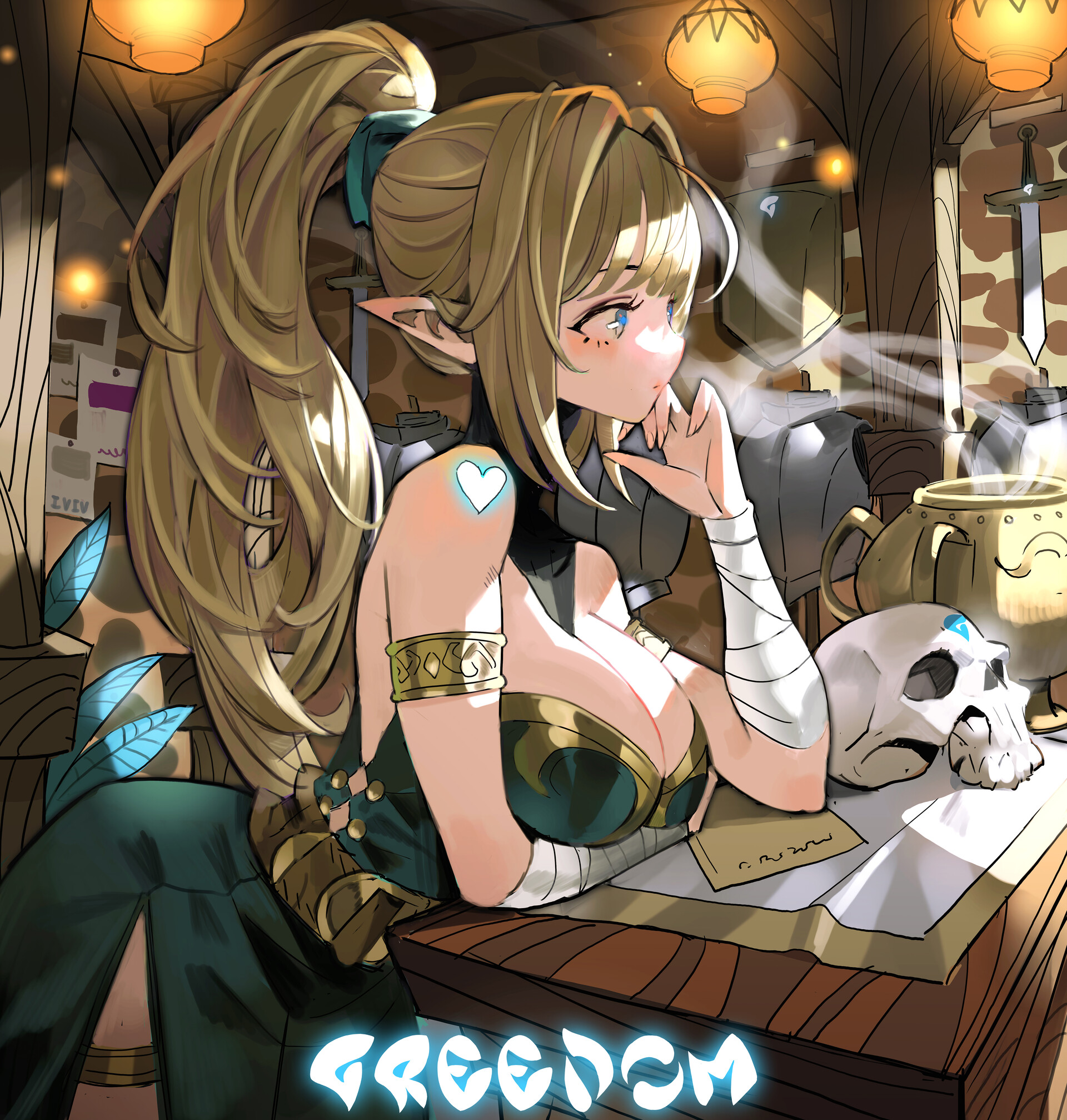 an anime elf with blonde hair in a high ponytail sits at a wooden table in a tavern, pondering. she has a heart tattoo on her shoulder and is wearing a green outfit with gold accents. a skull with a blue gem sits on top of a book next to her. behind her is armor and a sword hanging on the wall. lanterns provide light from the ceiling. the text "greedom" is at the bottom of the image.