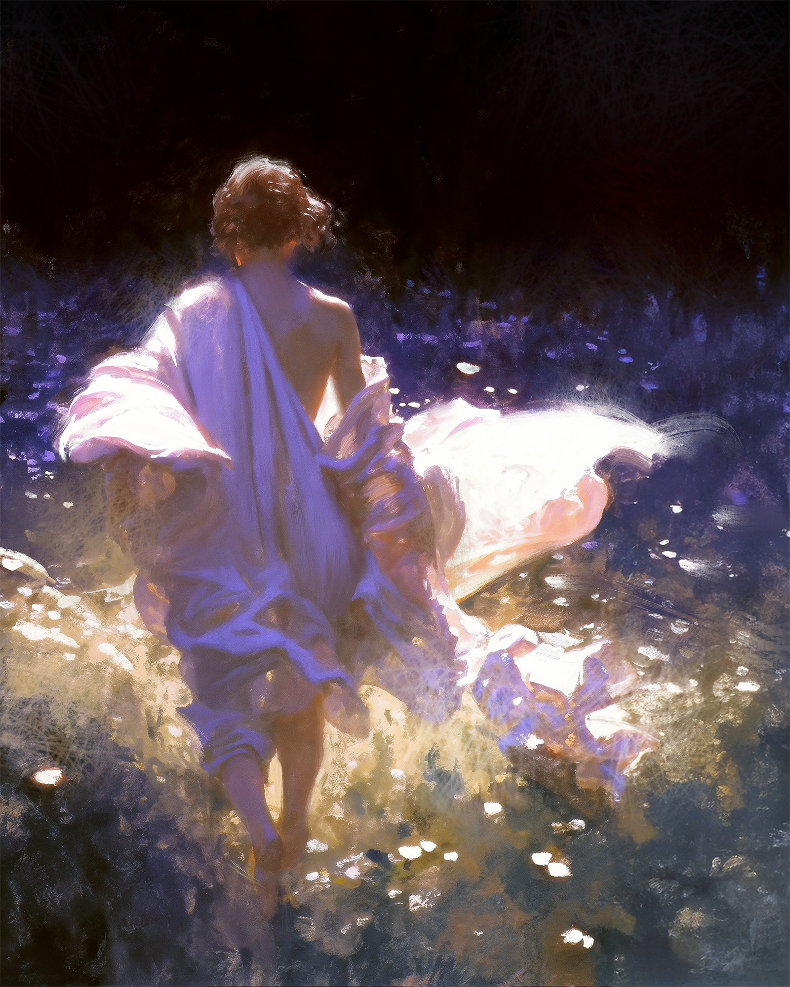 a digital painting of a woman in a white dress walking through a forest, with light and shadow creating a dreamlike atmosphere. the woman's hair is dark, and her dress is flowing behind her, suggesting movement. the forest floor is covered in purple flowers, adding to the ethereal quality of the scene. the painting is very stylized, with loose brushstrokes and a sense of movement. the background is blurred and the light is soft, creating a dreamy effect.
