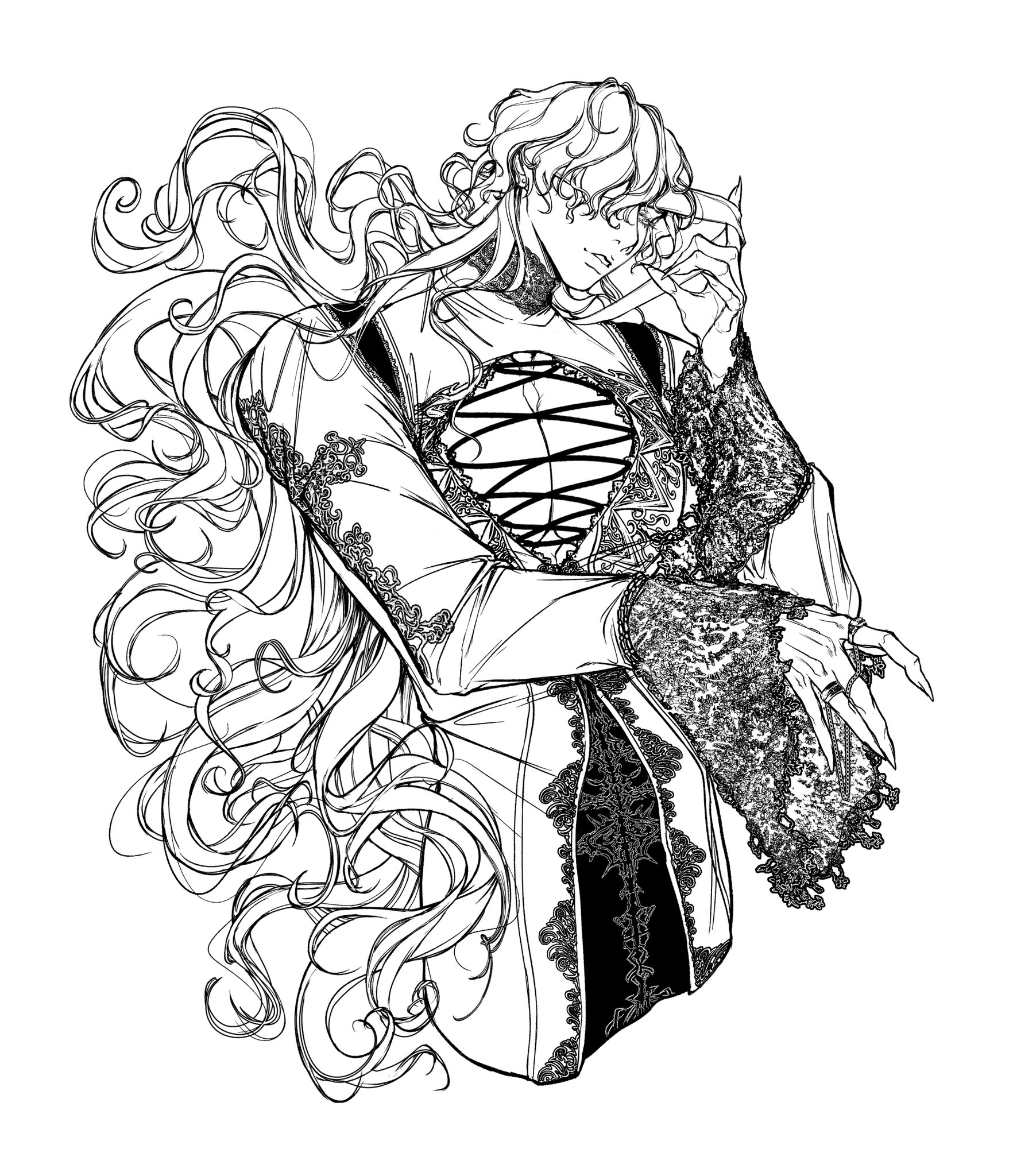 the image is a detailed black and white line art illustration of a male character. he has long, flowing hair, styled in a somewhat elaborate manner. he's wearing a richly detailed outfit that appears to be a long coat or robe with intricate lace patterns, especially prominent on the sleeves and around the midsection, giving off a victorian or gothic aesthetic.  his expression is somewhat pensive or brooding, and his hand is near his face, partially obscuring it. the overall style is highly stylized, reminiscent of anime or manga, with a strong emphasis on elegant lines and intricate details.  the background is plain white, allowing the character and their clothing to be the complete focus.