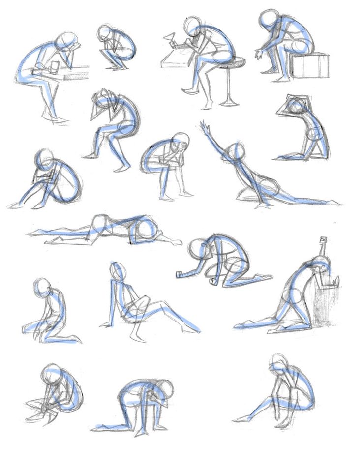 this is a sketch of a drawing of people in different poses. these are examples of gesture drawing and pose studies. the sketches show different positions of the body and limbs in varying degrees of detail. the image is drawn in black and white. the drawing is an example of a sketch that shows a pose for artists to learn from.
