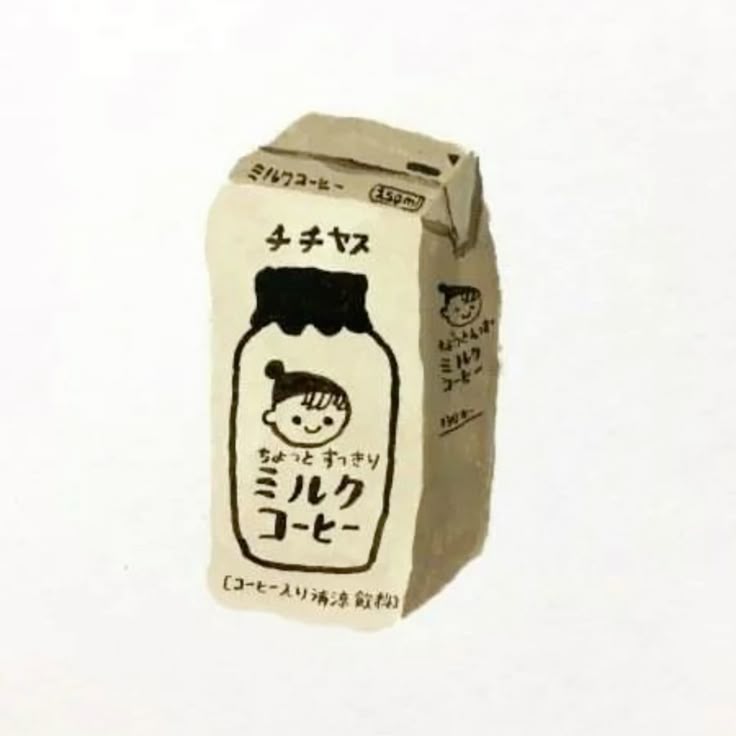 the image is an illustration of a milk coffee carton. the carton has japanese text written on it, including the words "milk coffee". there is a drawing of a bottle with a cute face inside it. the style is similar to a doodle or chibi style.