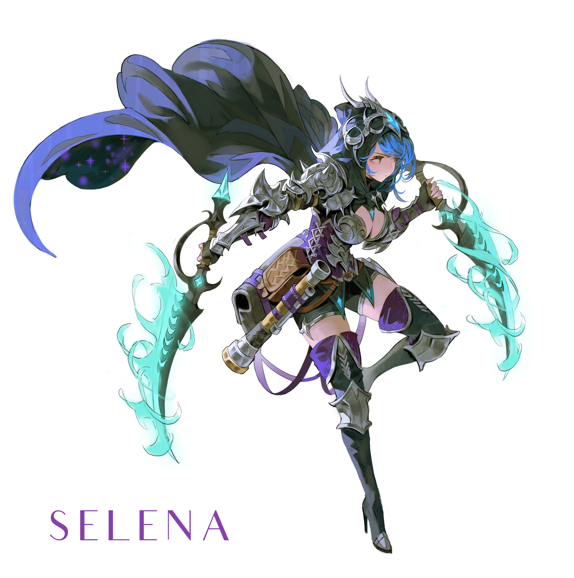 a fullbody digital illustration of a female anime character named selena, dressed as a warrior with silver armor and a purplelined cape. she has short blue hair and is holding two light blue, curved swords. she is also wearing highheeled boots. her name, selena, is written in purple below her.