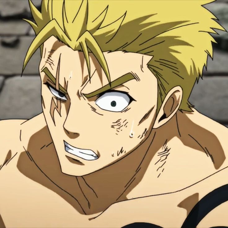 a closeup shot of an anime character's face, showing a fierce expression. the character is male, with blond hair and a determined look. his eyes are wide open and his mouth is slightly open, revealing gritted teeth. he appears to be sweating, suggesting that he is in the middle of a fight. the character's muscles are visible on his chest, indicating that he is strong and powerful. the image is full of action and energy, suggesting a tense and exciting battle.