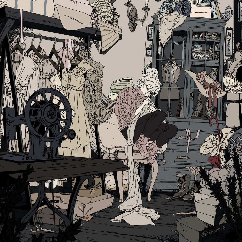 the illustration depicts a woman sitting on a chair in a cluttered room. she is surrounded by sewing supplies, fabric, and clothes, and appears to be working on a project. the room is decorated in a vintage style, and the overall atmosphere is one of creativity and inspiration. the woman is the central focus of the image, and her relaxed posture and thoughtful expression suggest that she is deeply engaged in her work. the composition of the image is dynamic, with the woman's body forming a diagonal line that draws the viewer's eye through the room. the colors are muted and atmospheric, creating a sense of depth and intimacy. the details are rich and evocative, suggesting a world of imagination and craftsmanship.