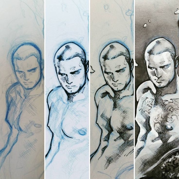the image shows the progress of a drawing of a man. the first image shows a basic pencil sketch of the man's torso and head. the second image shows the sketch with more detail added, including shading. the third image shows the final drawing, which is done in ink and has a detailed tattoo on the man's chest.