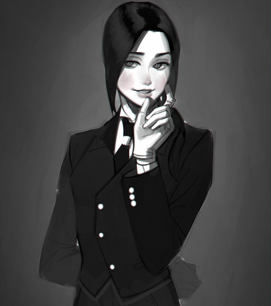 this black and white, digital illustration presents a stylized portrait of a young woman.  her hair is long, dark, and straight, parted in the middle and framing a slender face. the woman’s expression is demure but suggestive, with a slight smile playing on her lips and a knowing glint in her eyes. she is dressed in a tailored, doublebreasted suit, evocative of a butler's uniform. the jacket is buttoned, and she wears a white shirt with a high collar underneath. her hands are posed gracefully in front of her, one touching her chin. the overall impression is one of quiet sophistication and perhaps a hint of playful intrigue.