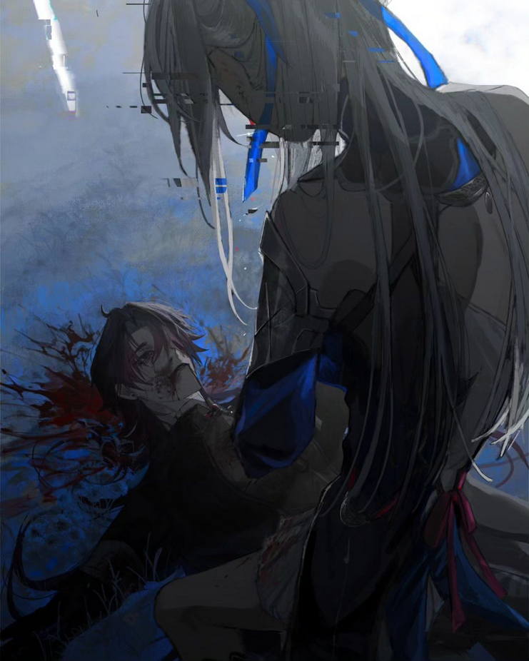 the image shows an anime girl with long black hair and blue hair. she is standing over another girl who is lying on the ground with blood coming from her mouth. the background is dark and blurry, suggesting that the scene is taking place at night. the image is likely depicting a scene of loss, grief, and despair. the girl with black hair is likely either grieving over the girl on the ground or the girl on the ground is a victim of violence at the hands of the girl with black hair. the dark and blurred background also adds to the overall sense of dread and gloom.