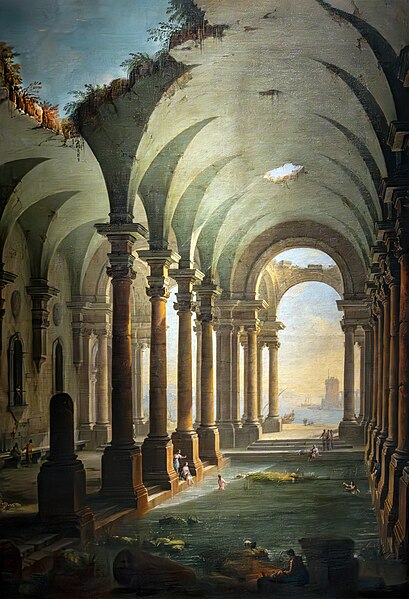 a painting depicting the interior of an ancient, ruined architectural structure with rows of columns and arches leading to an open view of the sea. people are bathing and relaxing in the waterfilled lower level of the structure. sunlight streams through openings in the ceiling, highlighting the architectural decay and creating a romantic, historical scene. a tower is visible on the horizon.