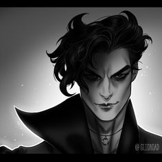 the image is a stylized black and white portrait of a man. the dramatic lighting and sharp features, particularly the eyes and mouth, give him a sinister, almost vampiric look. he wears a collared shirt or jacket with the collar turned up.