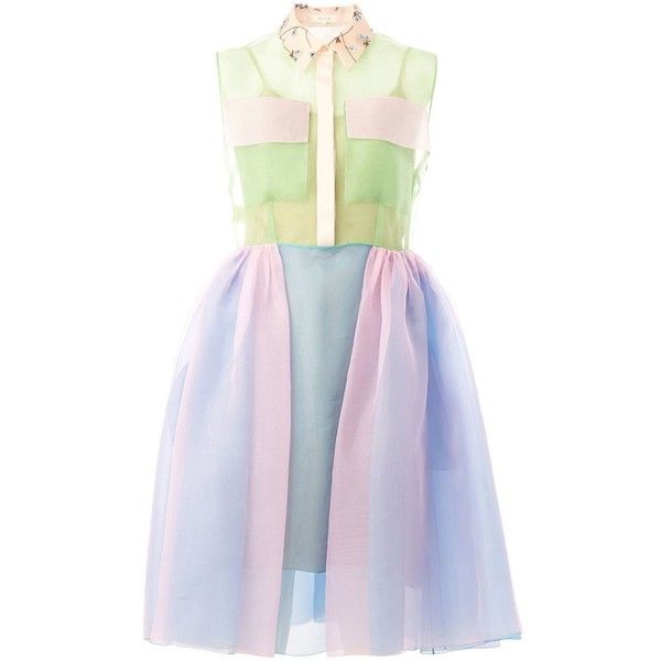 the image shows a dress with a sheer, pastelcolored design. the top part of the dress features a collared neckline with a floral pattern on the collar, followed by a buttondown front and sleeveless design with pockets. the bodice consists of sheer panels in shades of green and pink. below the bodice, the dress flares out into a kneelength skirt with layers of fabric in pastel shades of blue and pink. the skirt appears to be gathered at the waist.