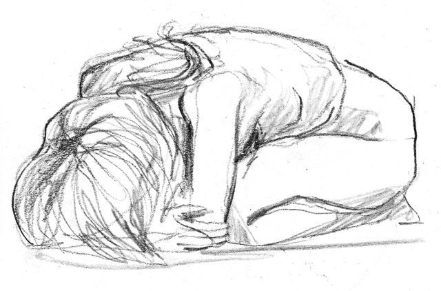 a pencil sketch of a woman sitting with her head in her hands, curled up in a fetal position. she appears to be sad or depressed, with her body language conveying a sense of vulnerability and isolation.