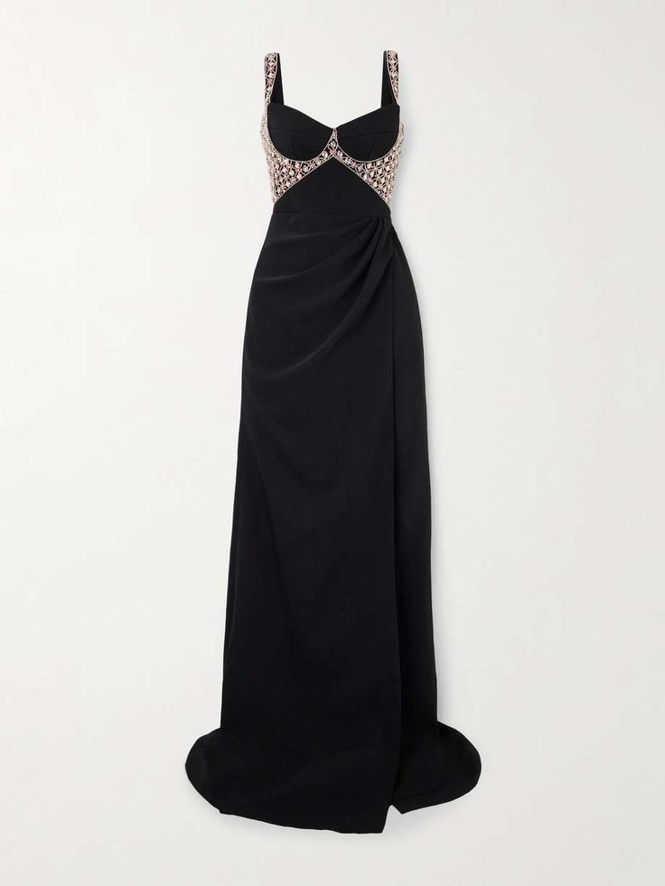 a black, floorlength, sleeveless gown with a beaded bodice and a plunging neckline. the dress is made of a smooth, flowing fabric and has a simple, elegant silhouette. it would be perfect for a formal event.