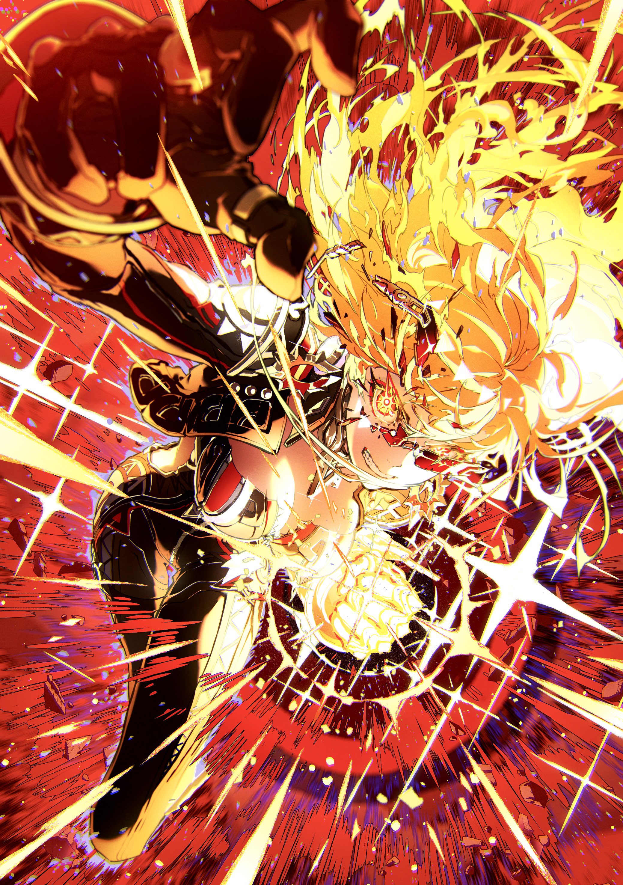 an animestyle illustration depicts a female character with blonde hair and red eyes in the midst of an intense action scene. she is wearing black clothing and appears to be fighting, with energy and flames surrounding her. the artwork is stylized, with motion blur and vibrant colors like red and yellow emphasizing the intensity of the moment.