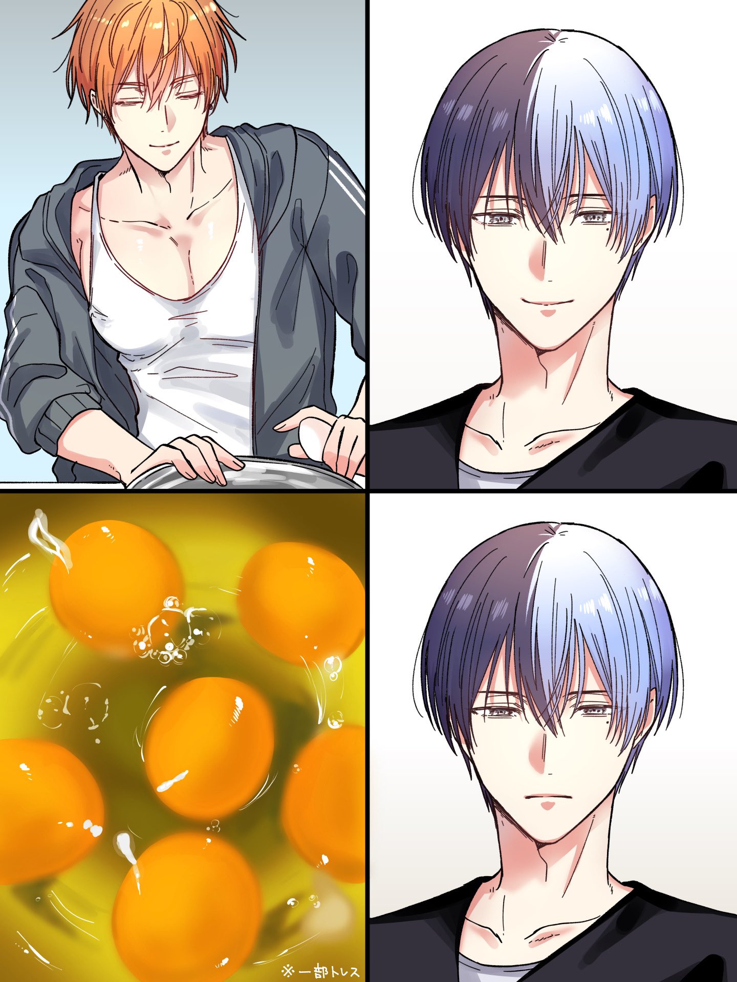 the image shows two anime boys. the one on the left is smiling while the one on the right is looking more serious. the boy on the left is shown cooking eggs in a pan while the boy on the right has a plain white background. the images are split in two so the two panels are divided by a picture of eggs.  both boys have black and blue hair, the one on the left is wearing a white tank top under a black hoodie, and the boy on the right is wearing a black hoodie. the background is white.