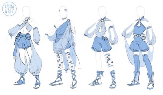 the image showcases four sketches of female characters in various blue outfits, each with a different style and design. the first character wears a flowy top with a short skirt, long pants and sandals. the second one is dressed in a togalike top with a short skirt, leggings and sandals. the third character is depicted wearing a sleeveless top with a short skirt, long pants and sandals. the last character has a sleeveless top with a short skirt, thighhigh socks and boots. all the characters have long flowing hair and are drawn with a light and airy style.
