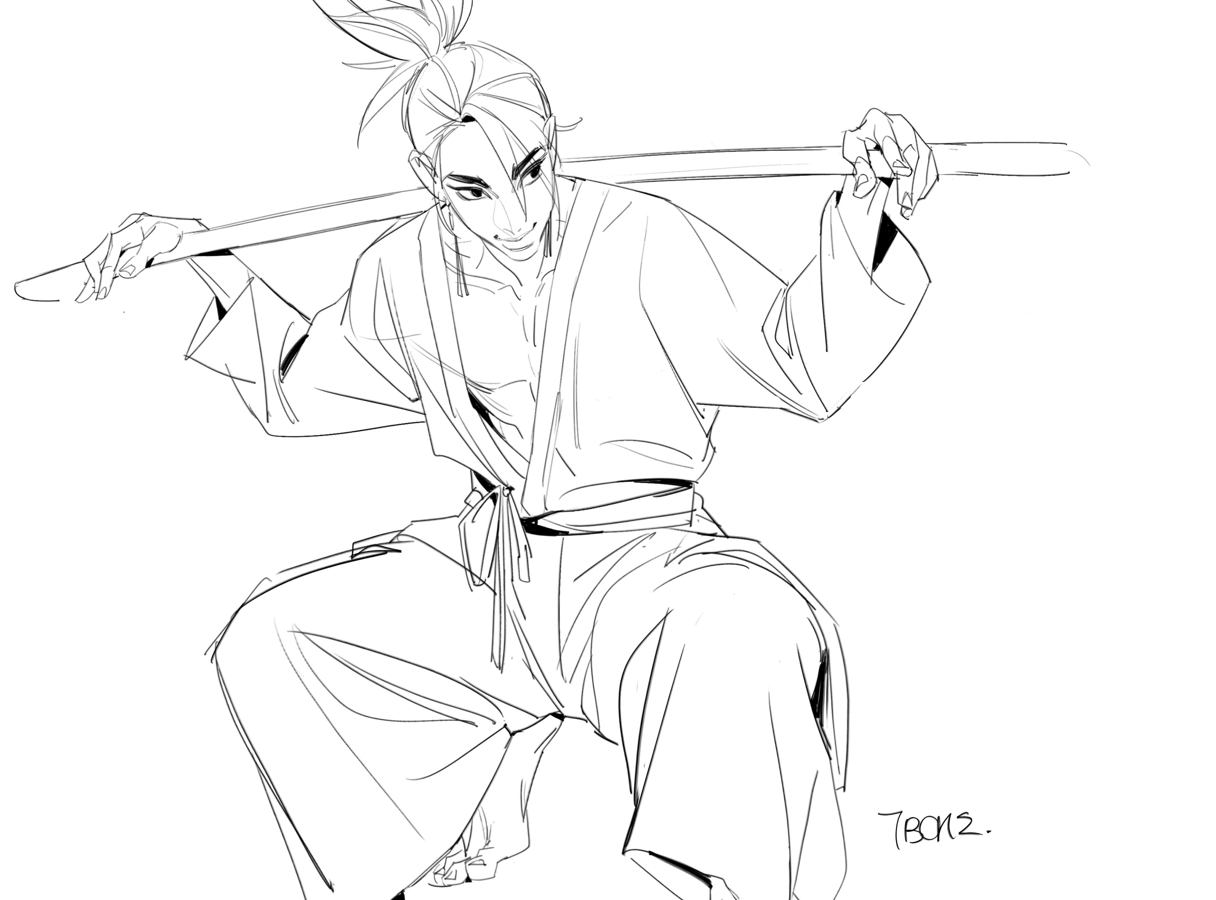 line drawing of an animestyle male character in a loosefitting robe, holding a long weapon across his shoulders. he is in a crouching pose, his body angled to the viewer's left, his gaze directed slightly downward. his hair is styled in a topknot.  the style is loose and expressive, indicative of a quick sketch or concept art. the lines are fluid and dynamic, conveying movement and a sense of character. the overall impression is one of strength and grace.
