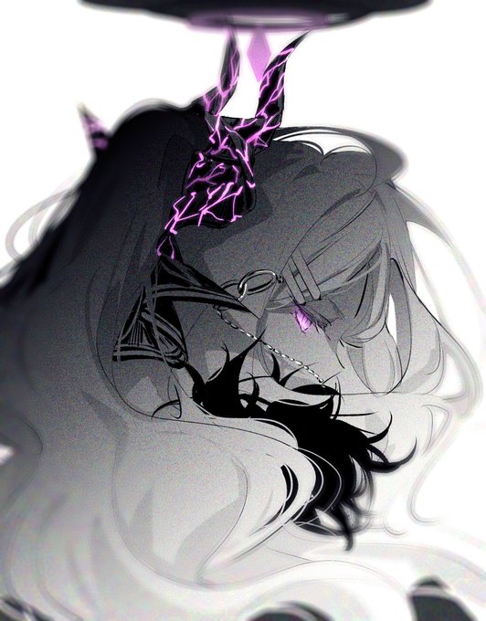 this digital art piece is a character design of a demon girl with long flowing hair. the style is reminiscent of anime and manga. the color palette primarily uses shades of gray, black, and white, with accents of purple on the horns. the lighting is soft, creating a dreamy and ethereal atmosphere. the closeup perspective emphasizes the character's intricate details and delicate features.