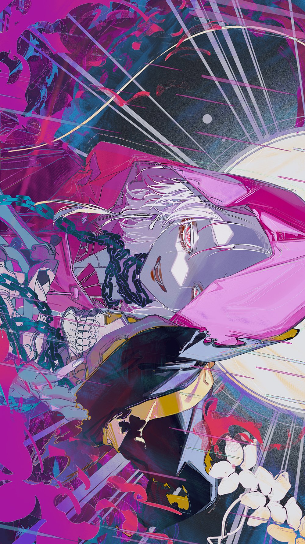 a digital illustration of a young anime girl with white hair. the girl's eye is shown in detail, with a dark blue eye color. she is wearing a pink and black outfit and has a chain around her neck. she is surrounded by pink, purple, and blue abstract shapes, and the background is a white and black abstract design. the girl's expression is serious and determined, and she looks as if she is about to fight. the style of the illustration is dynamic and energetic, with bold lines and colors.