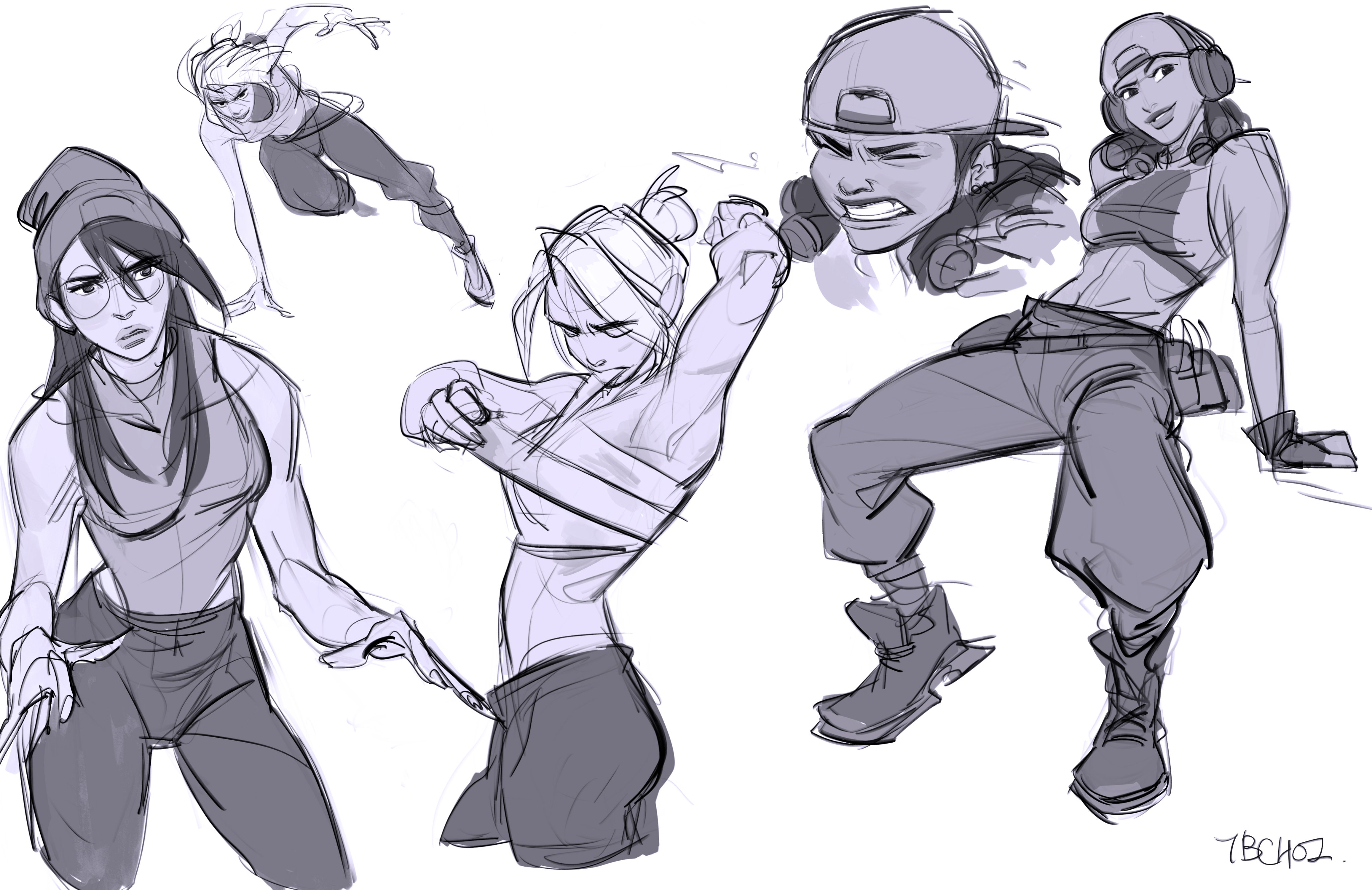 he image contains a collection of dynamic sketches depicting female characters in various poses.  the style is loose and expressive, typical of concept art or character design work.  the characters are dressed in casual, somewhat athletic clothing, suggesting a streetstyle or urban setting.  the sketches vary in detail, with some being more refined than others, indicating the process of developing the character designs.  the overall mood is energetic and lively.  the sketches are in shades of gray, with subtle shading suggesting form and volume.  a signature, "tbchoz," is present in the bottom right corner.