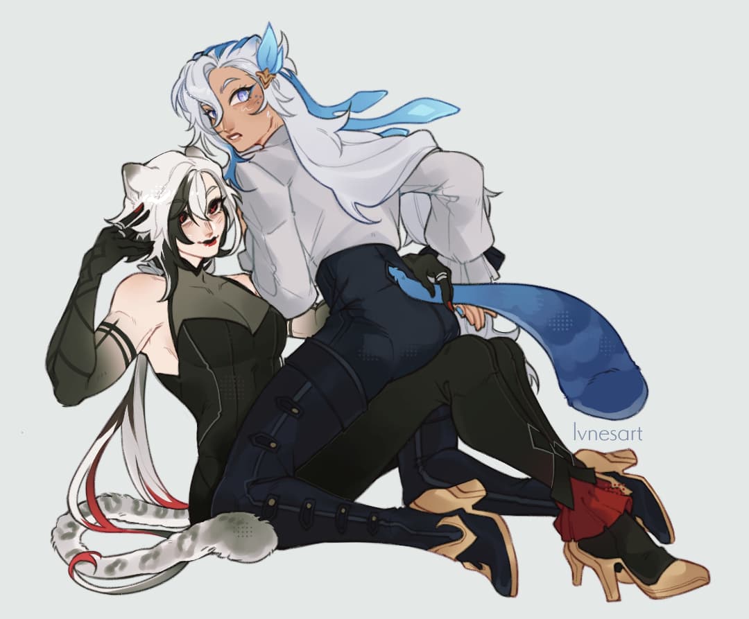 the image is a digital fanart depicting two animestyle female characters in a close and intimate pose. one character has long white hair with blue accents and a flowing white shirt and dark pants, while the other has long black and white hair with cat ears and a black, formfitting outfit. they are both wearing high heels. the characters are styled elegantly, and their posture suggests a close relationship, either romantic or platonic.  the background is a simple grey, allowing the characters and their attire to stand out. the art style is clean and detailed with a focus on character design and pose.