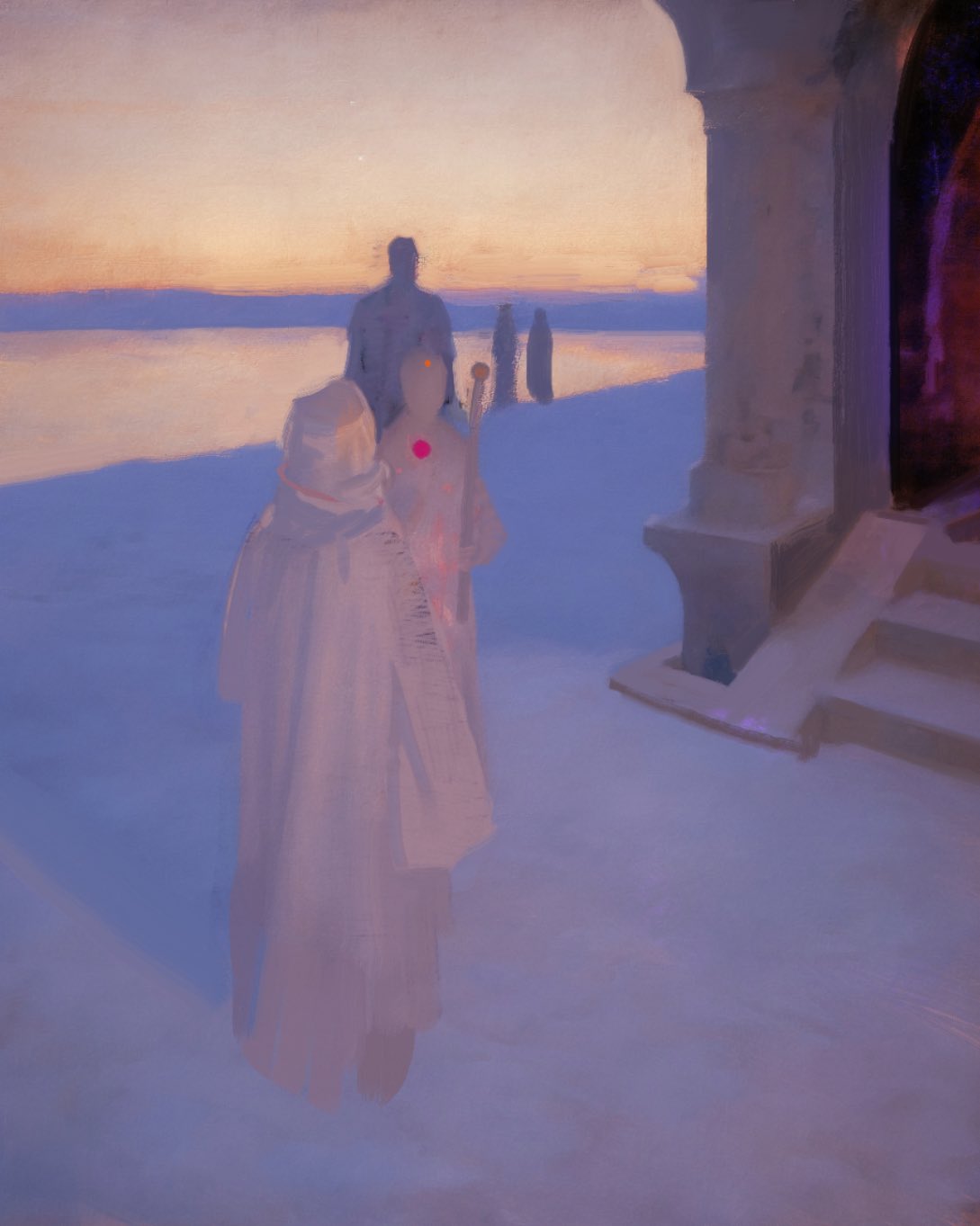 this painting depicts a scene of a mystical encounter. in the foreground, three figures are walking toward a doorway of a cathedral. the two figures in the background are shrouded in a dark haze, while the central figure, a woman in a white robe, is more prominent and seemingly the focus of the composition. the woman's robe is flowing in the wind and seems to be emanating a faint glow. the setting appears to be a snowy landscape under a soft light, perhaps during the twilight or dusk. the muted colors of the sky and the cold, ethereal tone of the scene create a sense of spirituality and mystery.  the figures' silhouetted forms and the emphasis on the woman's white robe give a sense of otherworldliness to the scene. the painting suggests a journey towards the unknown, a path of faith, and the mystery of life beyond the physical realm. the overall tone is one of quiet reverence and contemplative silence, hinting at a moment of profound spiritual significance.