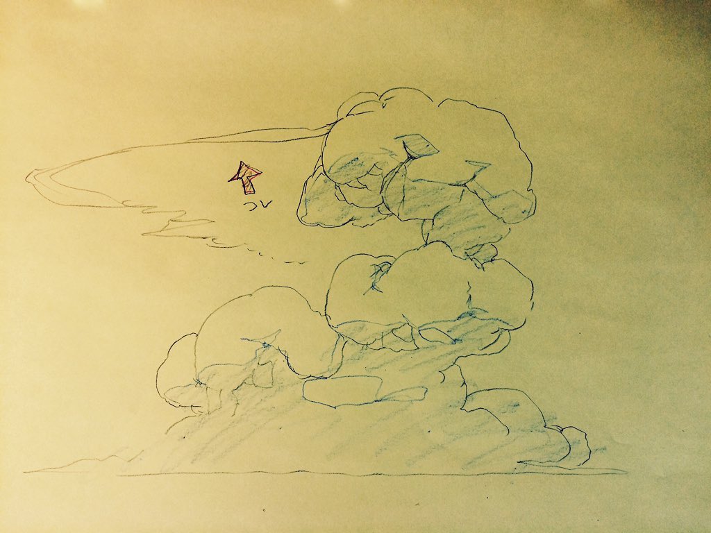 this is a simple drawing of a mushroom cloud with a little house underneath to the left. it is drawn with pencil on white paper.