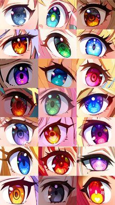 the image showcases a collection of vibrant and stylized anime and manga eyes, each rendered with intricate details and a spectrum of bright, captivating colors. the closeup perspective highlights the artistry and expressiveness of these illustrations.
